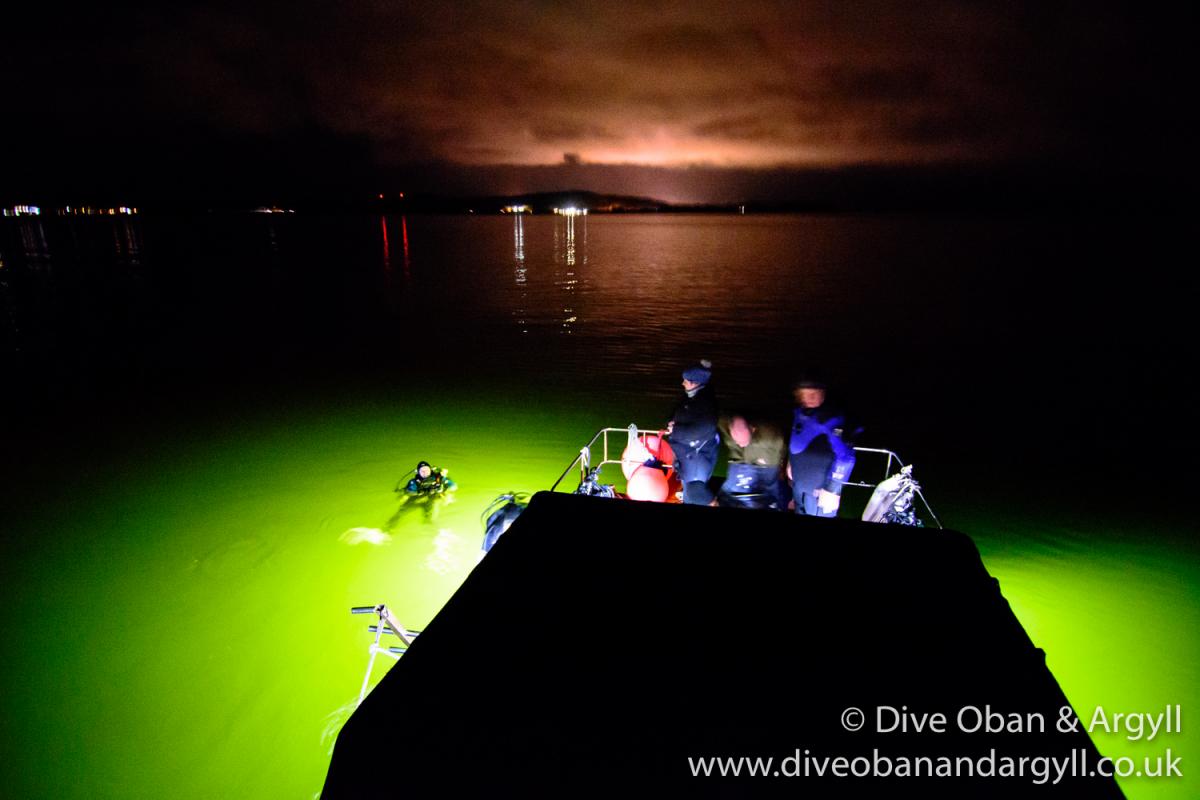 Divers at the surface on a floodlight dive